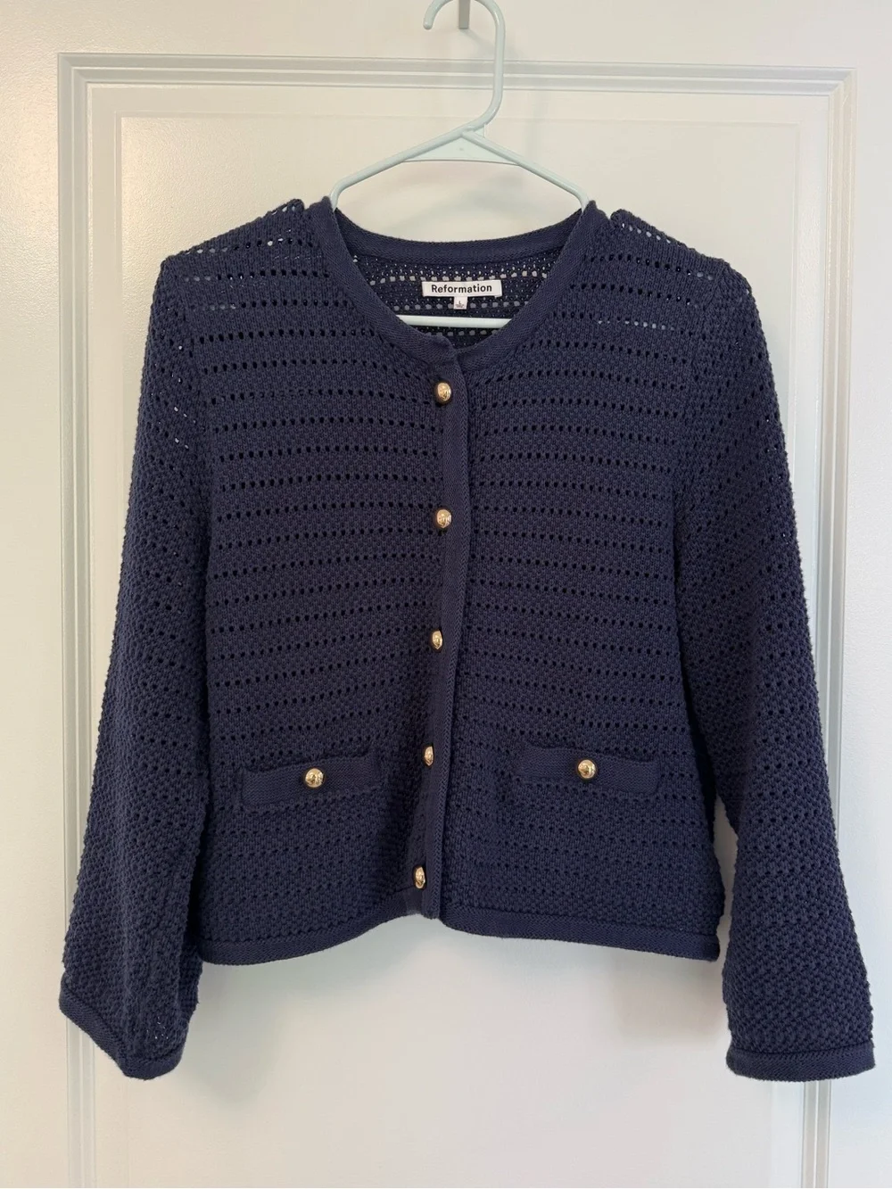 Reformation Charlotte Cotton Cardigan in Navy - Picture 4 of 6